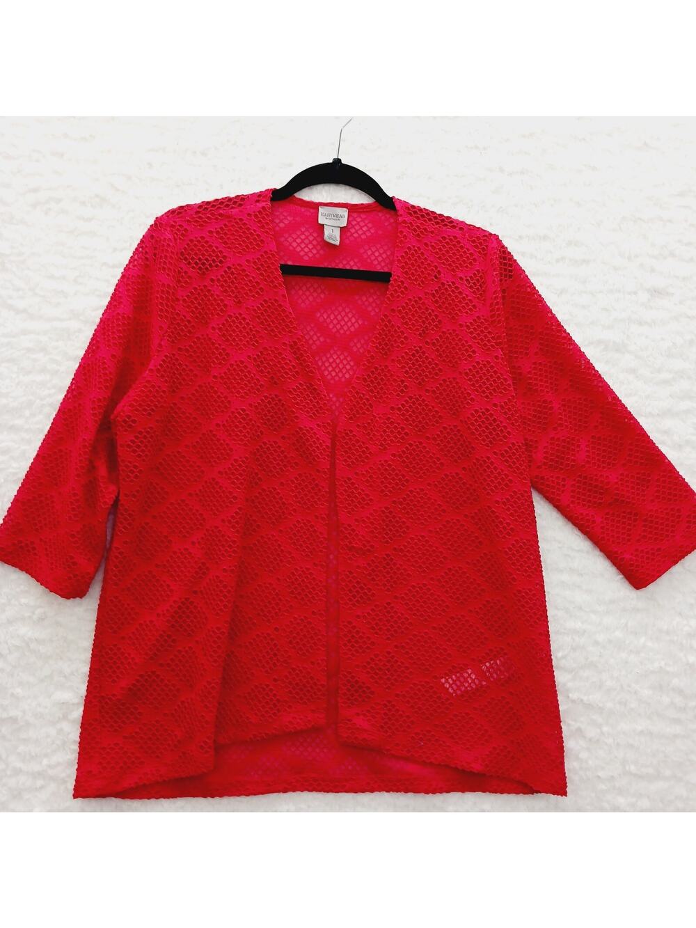 Sweater Cardigan Open Red Mesh Resort Office Siren Bold 3/4 Sleeve Chic Size M
